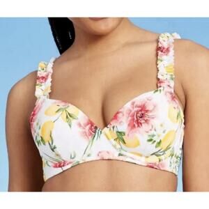 Lightly Lined Ruffle Strap Bikini Top -Shade & Shore White Floral 36C S464 EUC